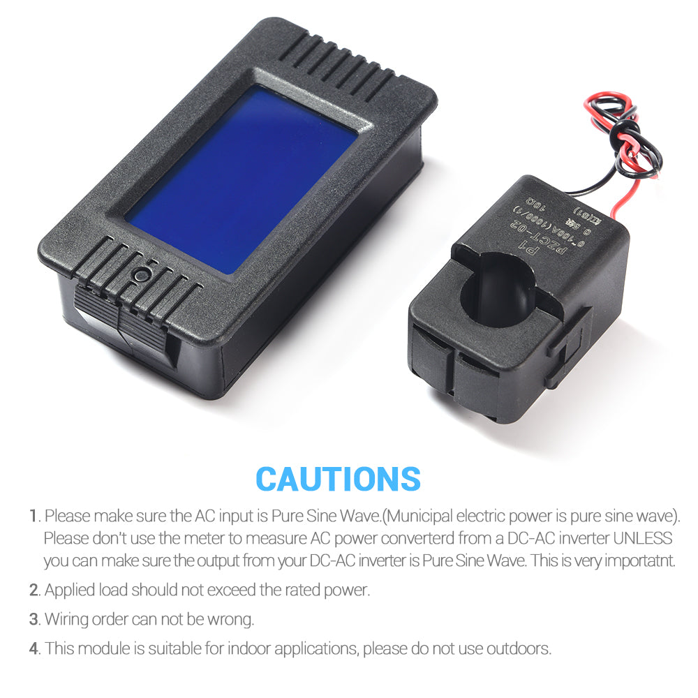 AC Power Energy Monitor Meter - Digital LCD Display For Voltage, Current, Wattage, KWh With Split Core CT