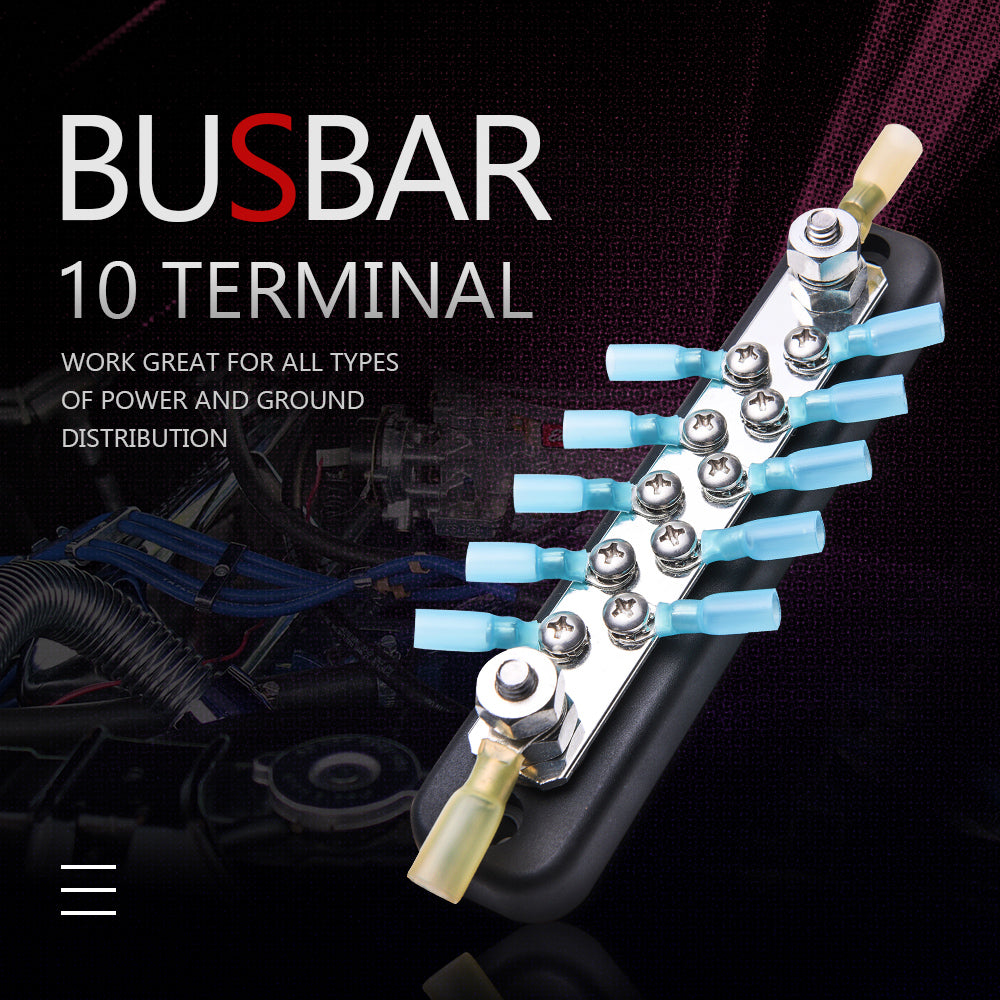 10 Terminal Bus Bar Kit - 600V Bus Bar Ground Distribution Block w/ 10 Screws + 2 Studs + 12 Heat Shrink Rings Terminals