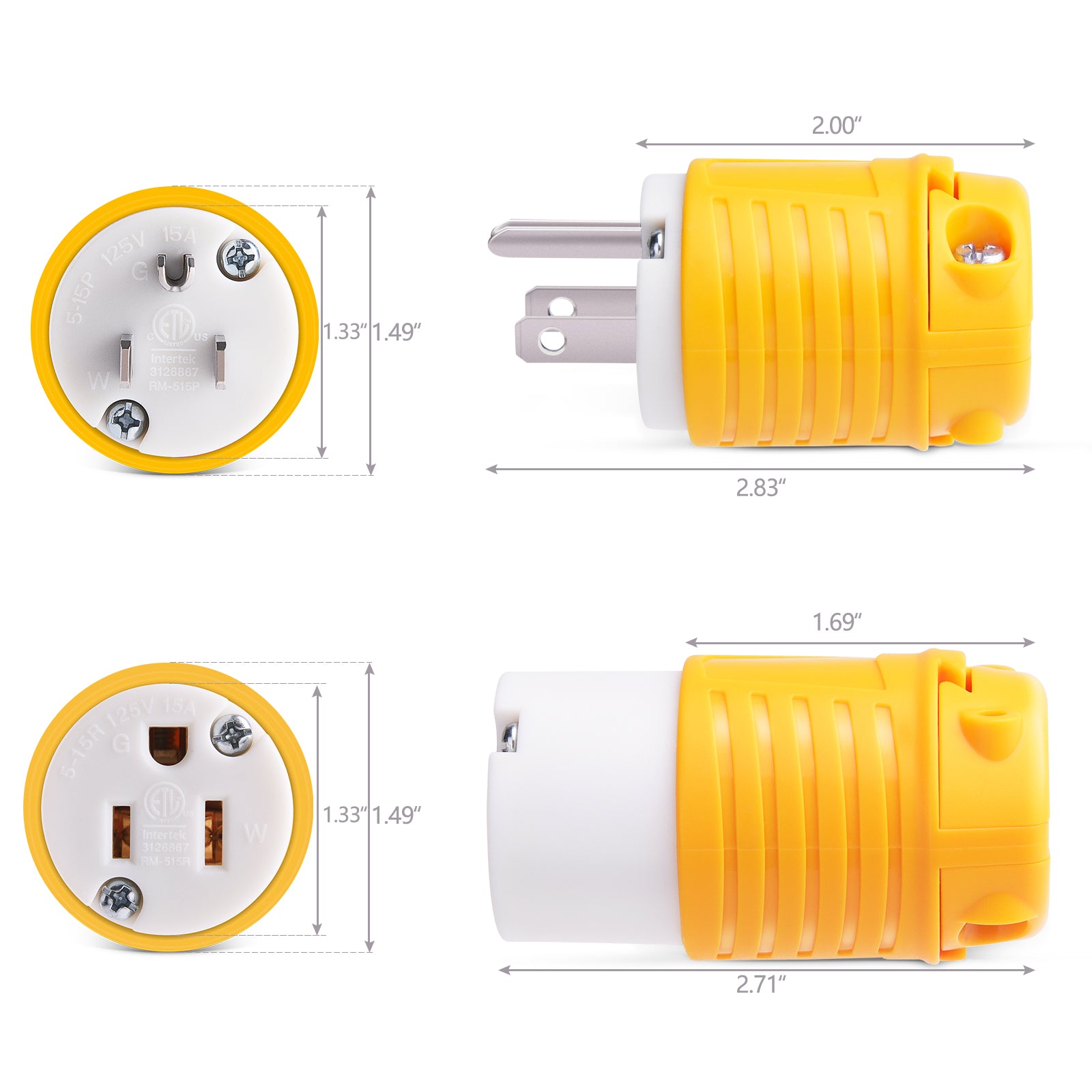 Extension Cord Ends Male and Female Replacement Plug & Connector Set, 15 Amp 125 Volt Heavy Duty Straight Blade Electrical Plug Grounding