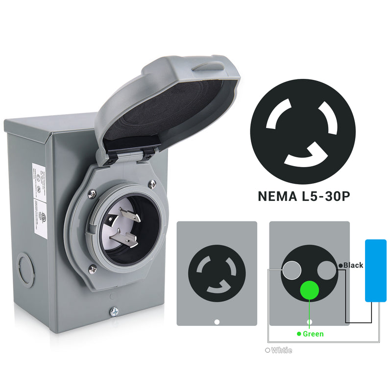30 Amp Generator Power Inlet Box Weatherproof, NEMA L530P Outdoor Inl