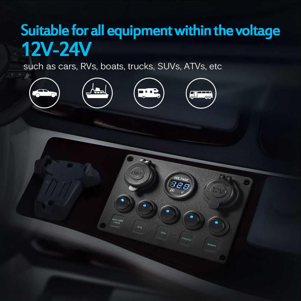 5 Gang 12V ON-OFF Car Toggle LED Rocker Switch Circuit Breaker Panel 4 in 1  Digital Voltmeter Dual USB Charger Cigarette Light
