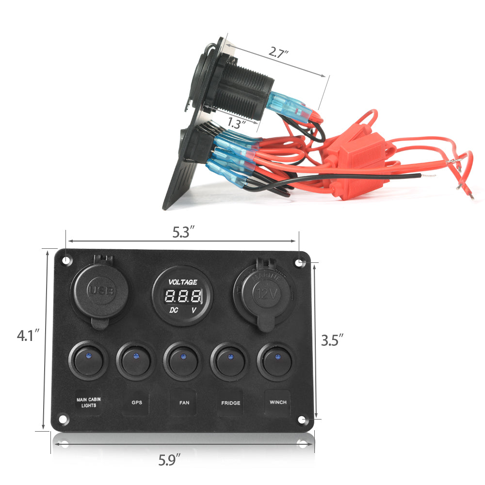 5 Gang Rocker Switch Panel with LED light 12V-24V Toggle Switch Panel with Dual USB Charger Digital Voltmeter Cigarette Lighter Socket