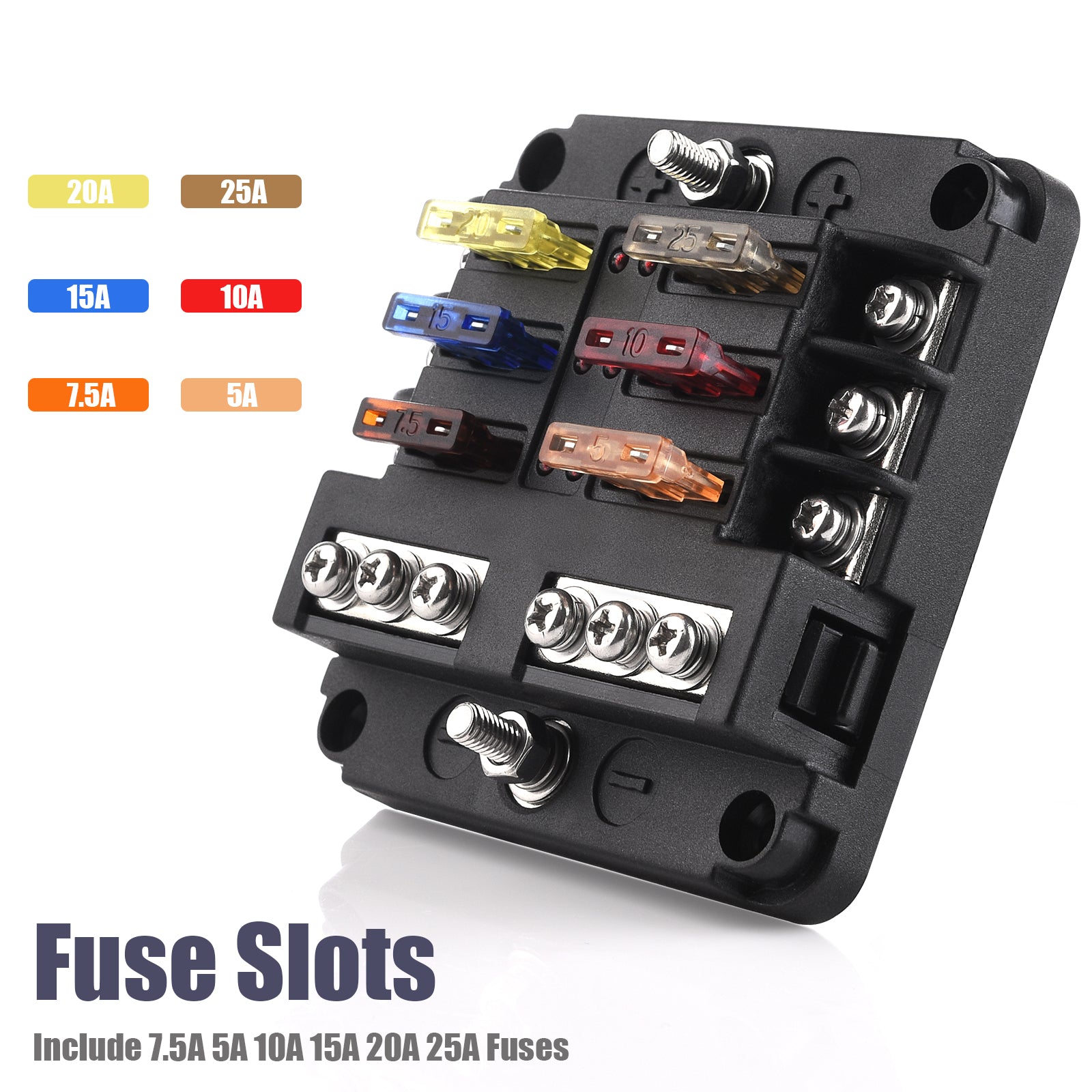6-Way Fuse Block Holder - Blade Fuse Box Screw Nut Terminal with Negative Bus, 7.5A 5A 10A 15A 20A 25A Fuses, LED Indicator, Sticker Labels