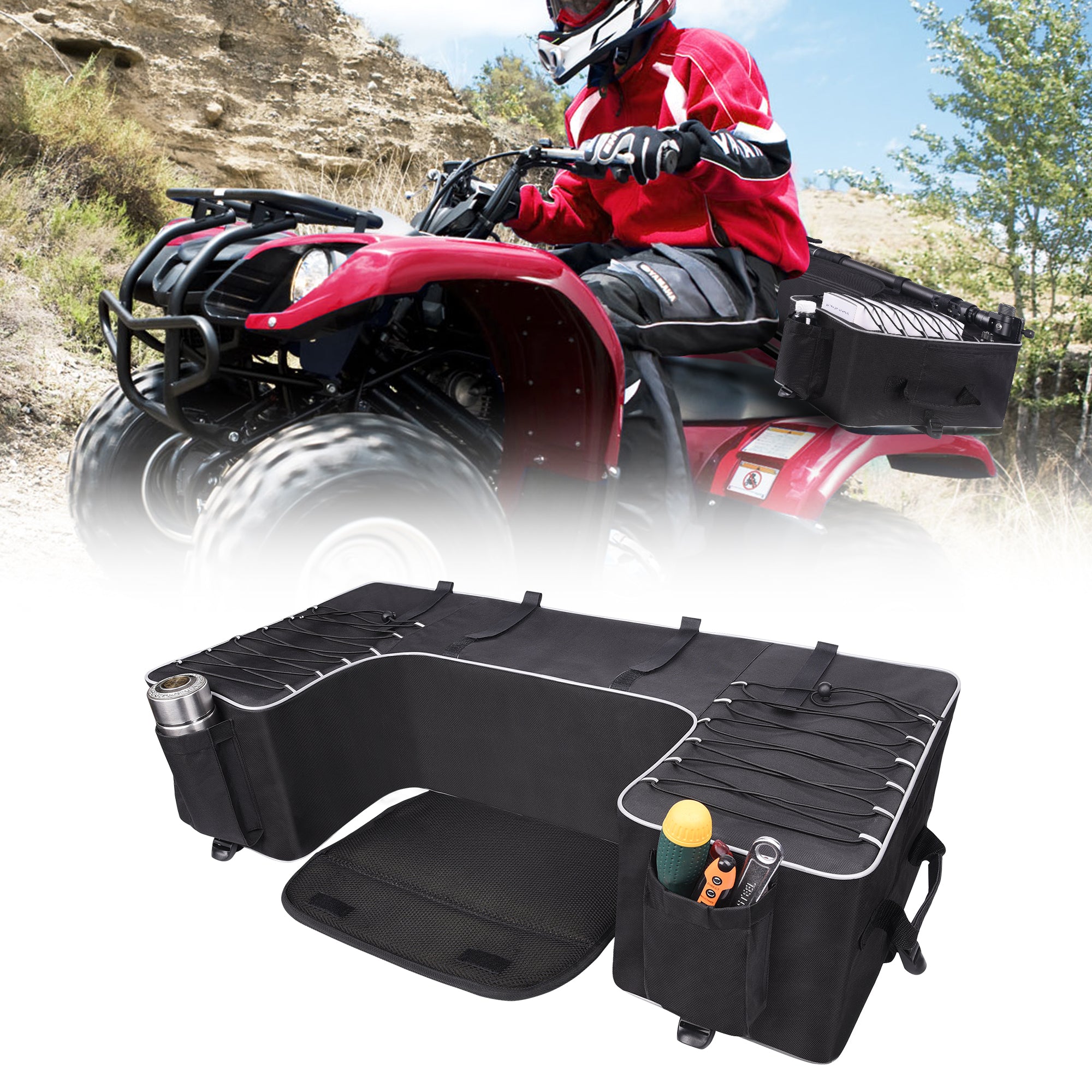 ATV Seat Bag, ATV Storage Cargo Rear Bags With Cushion Waterproof Zipper Compatible with Polaris Sportsman Rancher Rubicon Foreman Grizzly