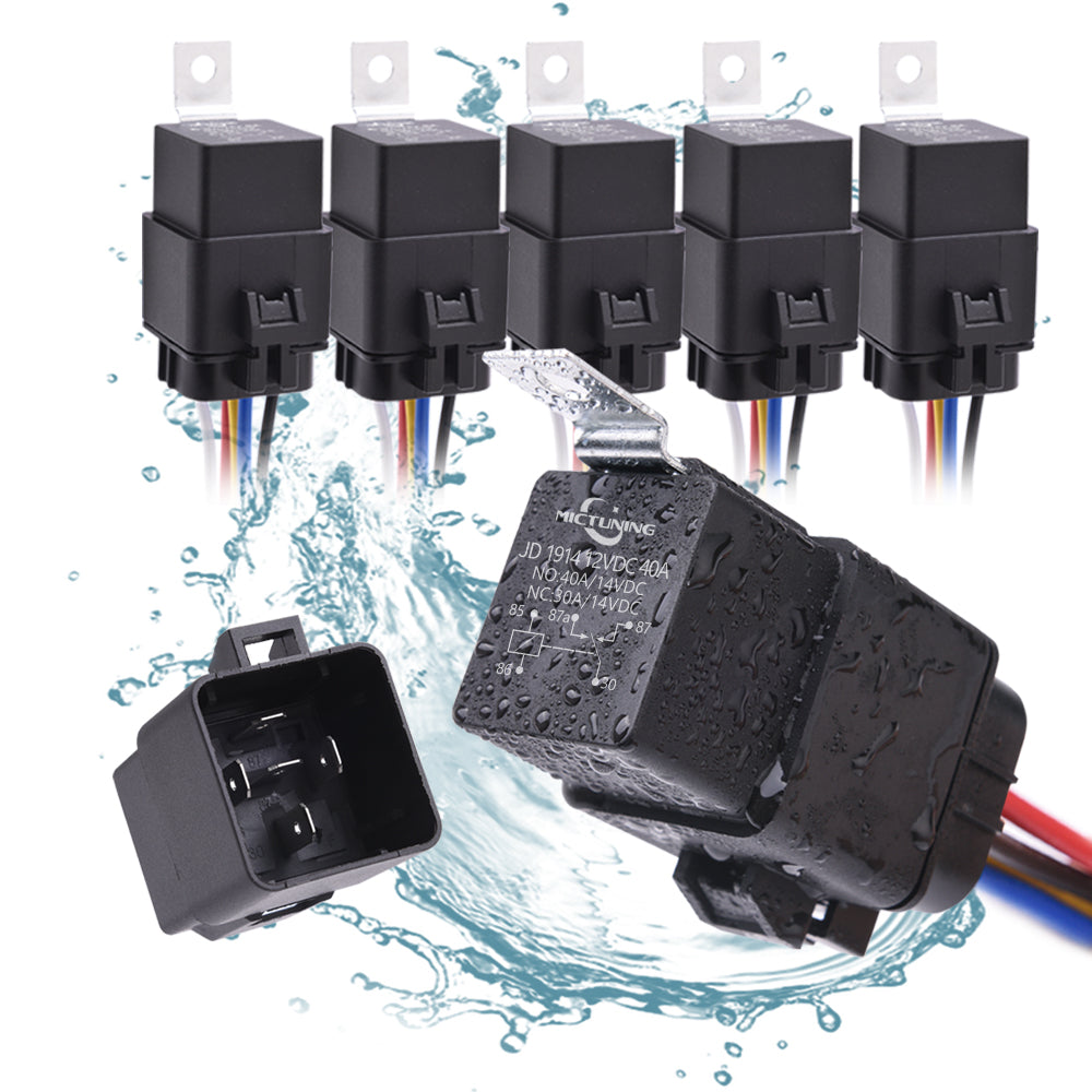 40/30 Amp Waterproof Relay Harness Set - 12V 5-PIN SPDT Bosch Style Automotive Relay with Heavy Duty 16AWG 14AWG Pre-wired Harness (5 pack)