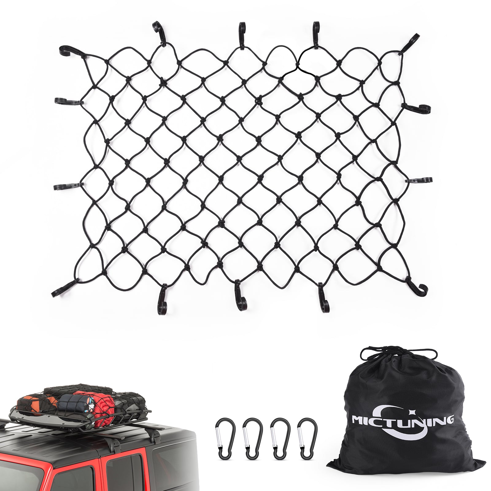 Mesh Cargo Nets 47" x 36", 6mm Heavy Duty Bungee Cord Net Stretches to 70" x 54" with 14pcs ABS Hooks 4pcs D Shape