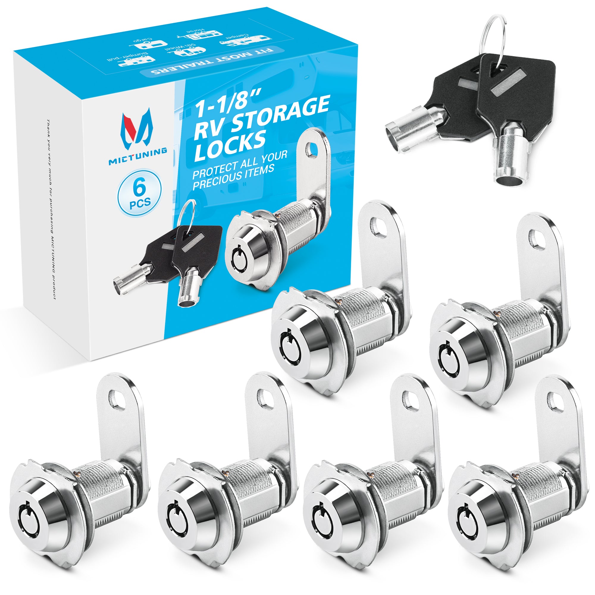1-1/8" RV Storage Locks 6 Pack, 100% Metal Utility Tubular Cam Lock, File Cabinet Drawer Dresser Mailbox RV Compartment Lock with 12 Keys