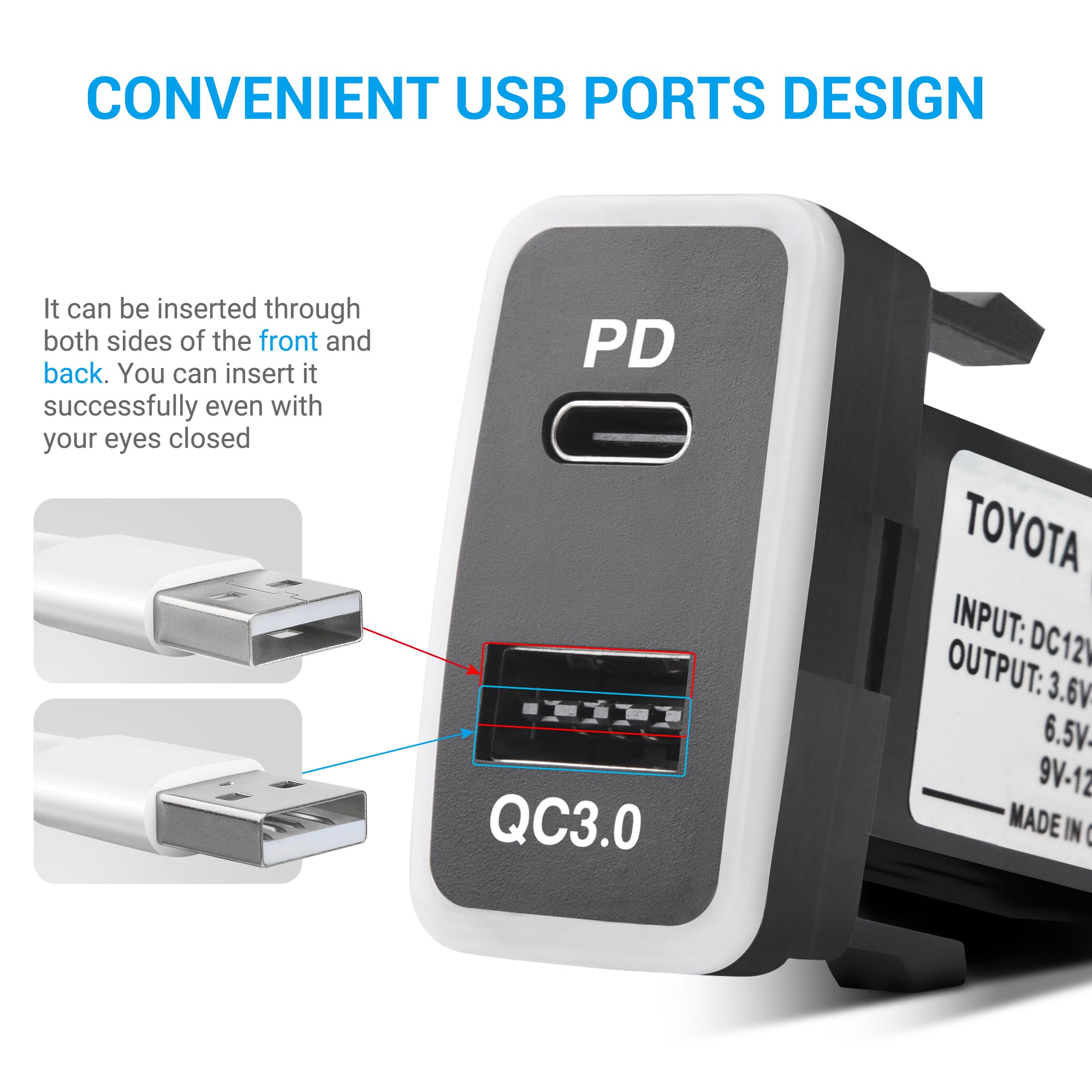 12V/24V USB C Car Charger for Toyota, Dual USB Ports QC3.0 & PD Type C Car Power Socket