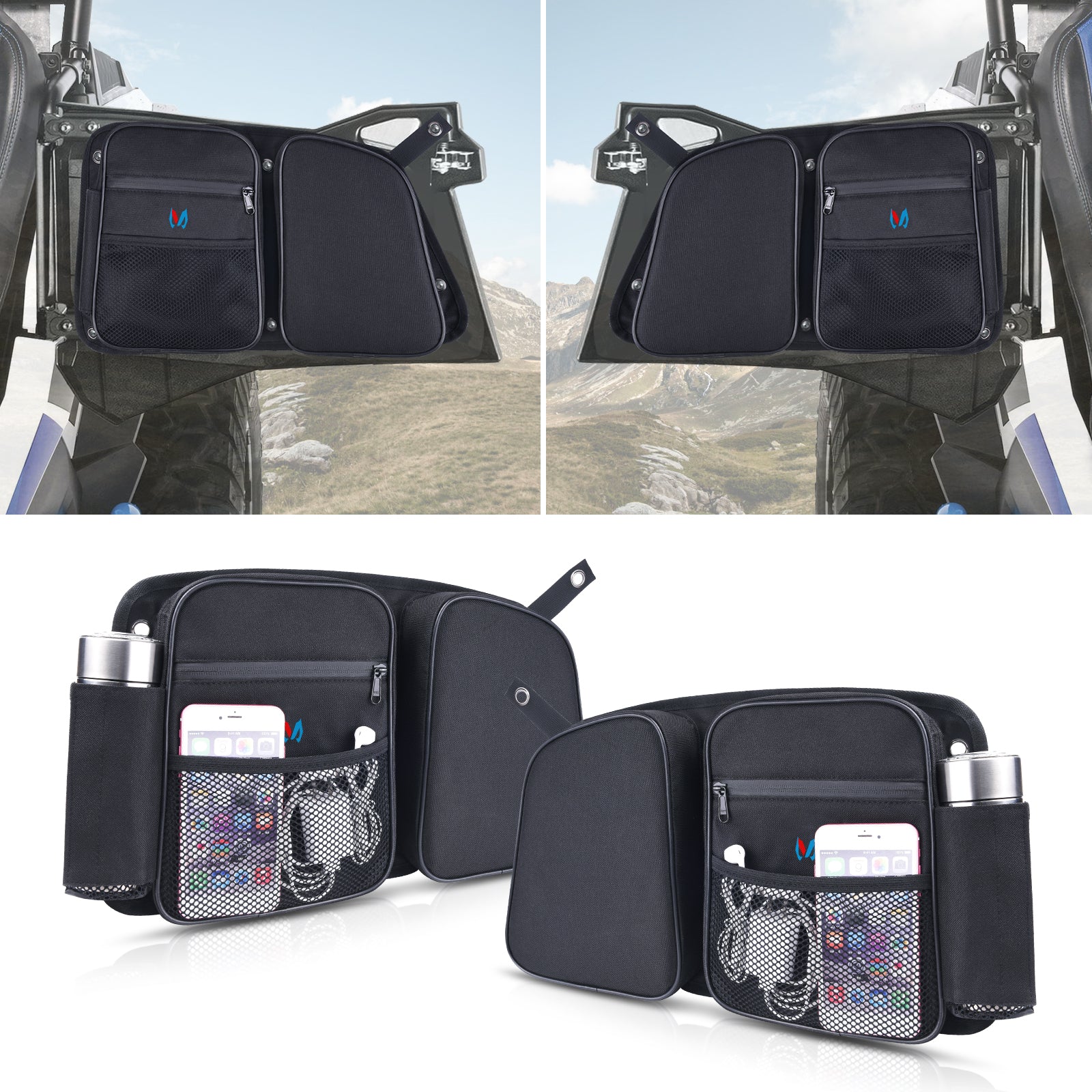 RZR Rear Door Bags Passenger and Driver Side Storage Bag Set with Knee Protection Pad & Cup Holder