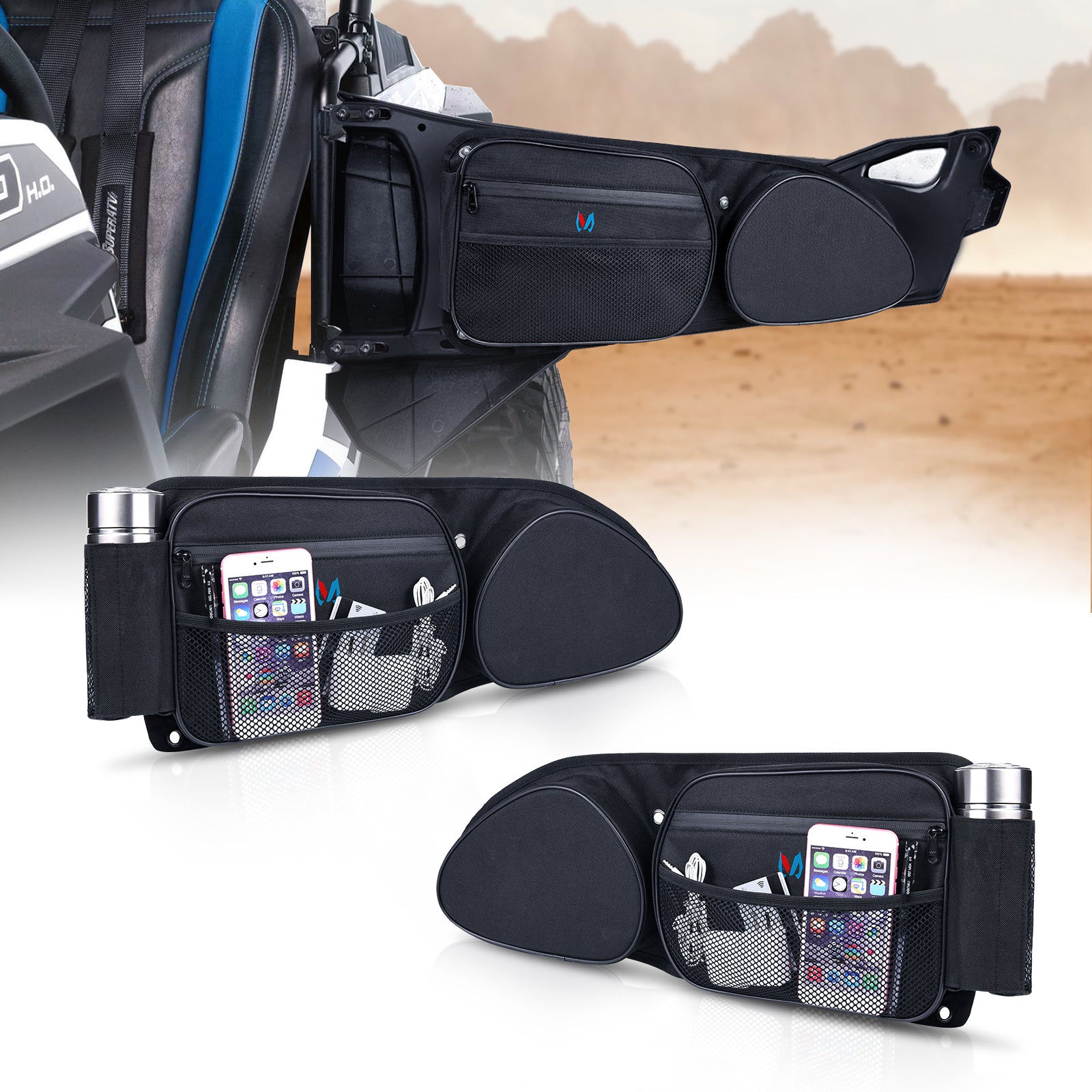 RZR Side Door Bags UTV Front Door Side Storage Bag Set with Knee Protection Pad & Cup Holder