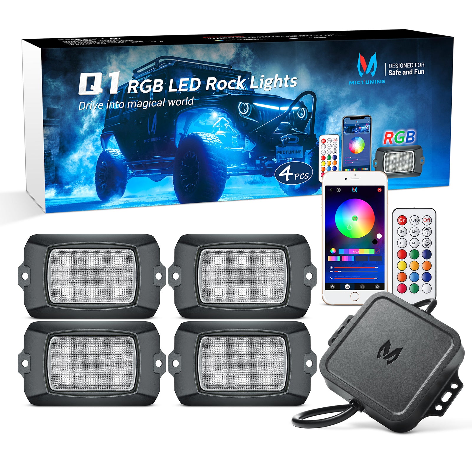 Q1 RGB LED Rock Lights - 4 Pods Multicolor Underglow Neon Light