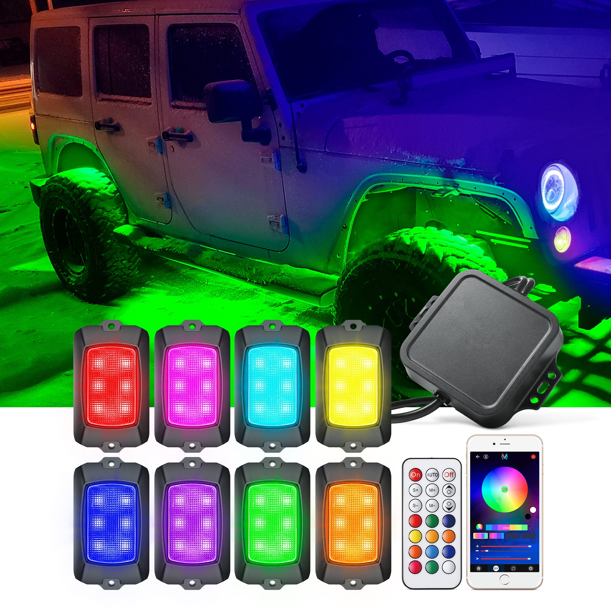 Q1 RGB LED Rock Lights Multicolor Underglow Neon Light Waterproof Underbody Glow Lamp-8 Pods