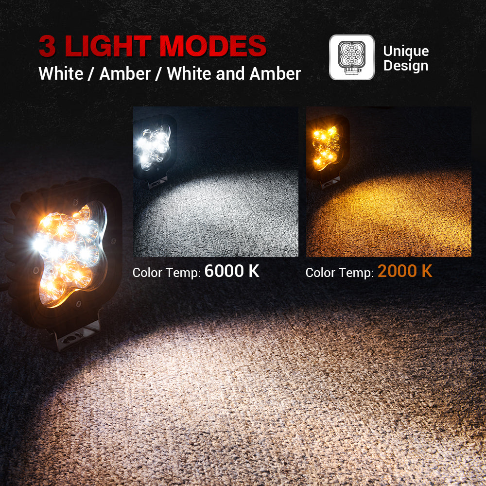 WS1 2Pcs 4.4 Inch 30W Square Driving Lights, 2918lm LED Light Pods Off Road Fog Lights with Amber Marker Light- Only Sell US