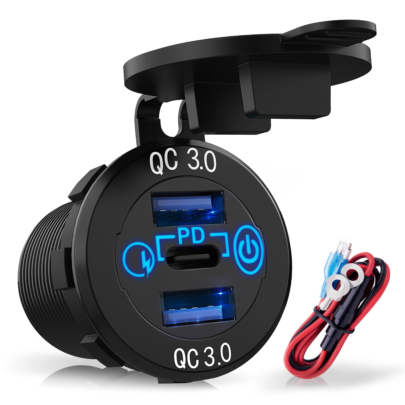 12V/24V USB C Car Charger Socket, Multiple USB Outlet 30W PD USB-C & Two QC3.0 Ports with Touch Switch Aluminum Metal