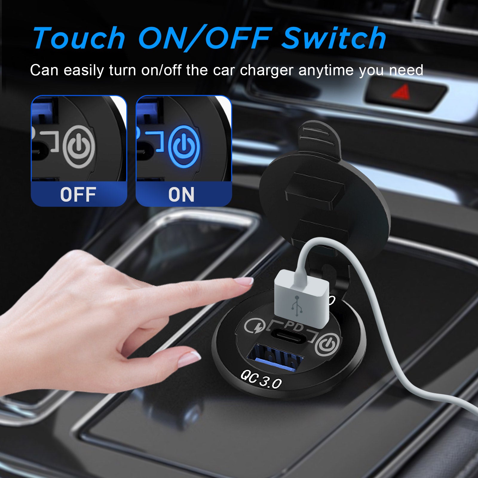 12V/24V USB C Car Charger Socket, Multiple USB Outlet 30W PD USB-C & Two QC3.0 Ports with Touch Switch Aluminum Metal