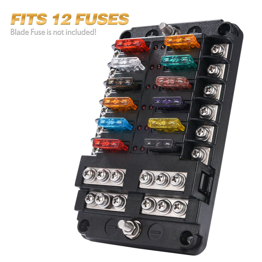 12-Circuit Blade Fuse Block LED Indicator Fuse Holder Box Cover