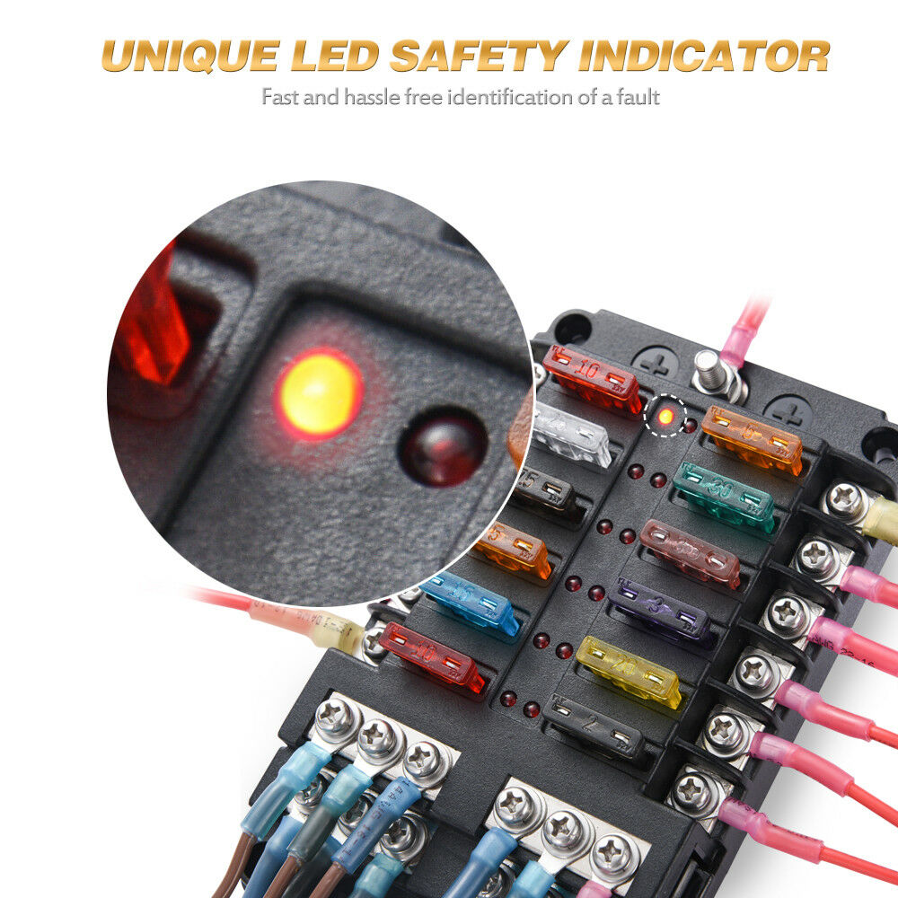 12-Circuit Blade Fuse Block LED Indicator Fuse Holder Box Cover