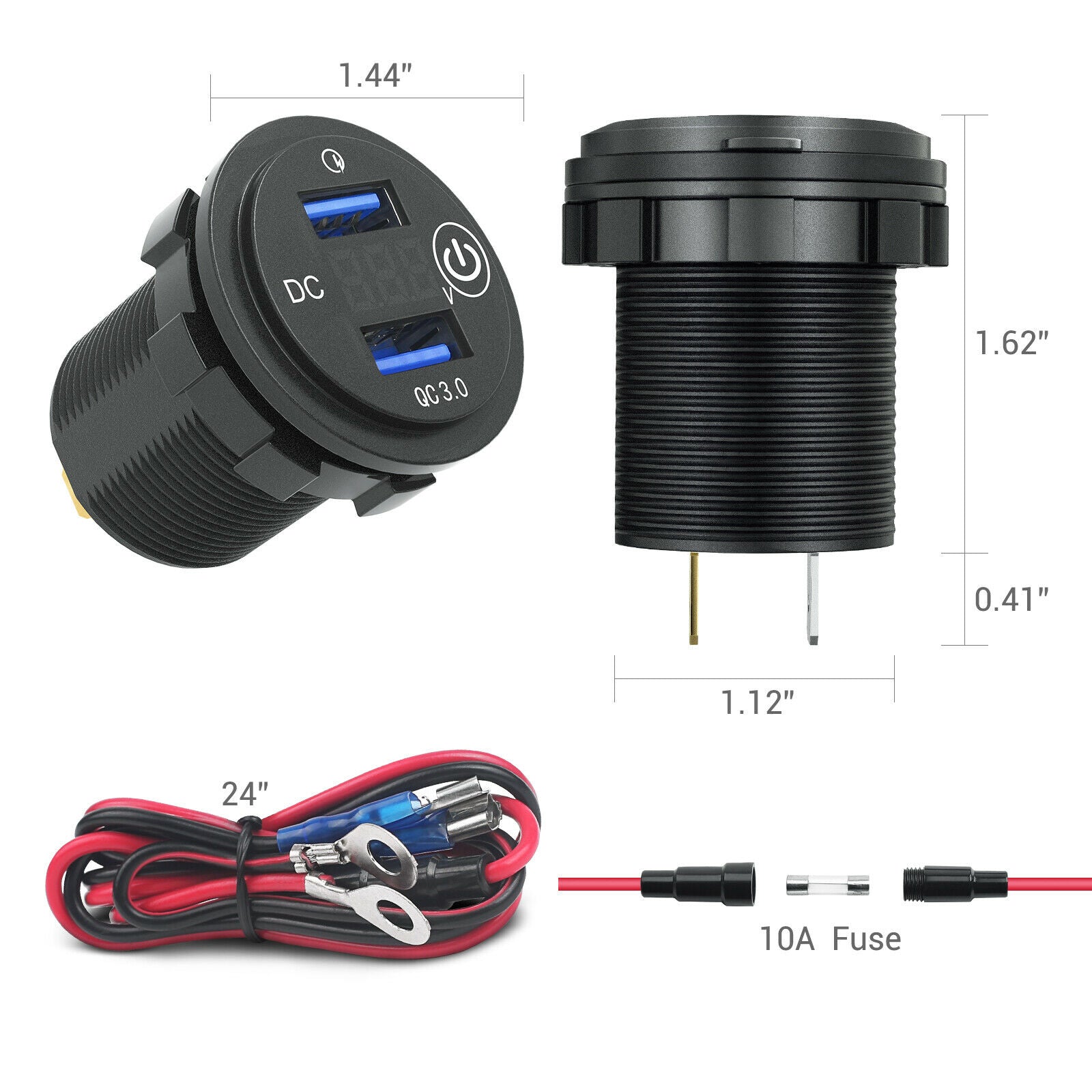 12V USB Outlet, Quick Charge 3.0 Dual USB Car Charger with Contact Switch  and Voltmeter for 12V/24V Motorcycle Car Truck